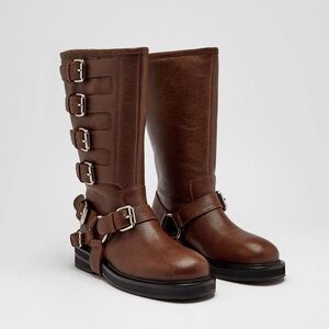 Nasty Gal Brown 100% Genuine Brown Leather Multi-Buckle Combat Boots Sz 39